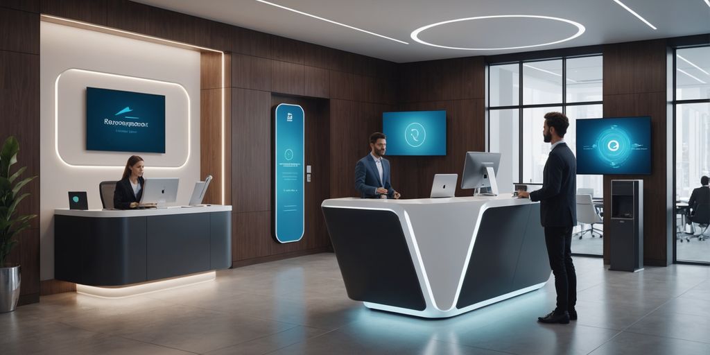AI-powered receptionist kiosk in a modern office.