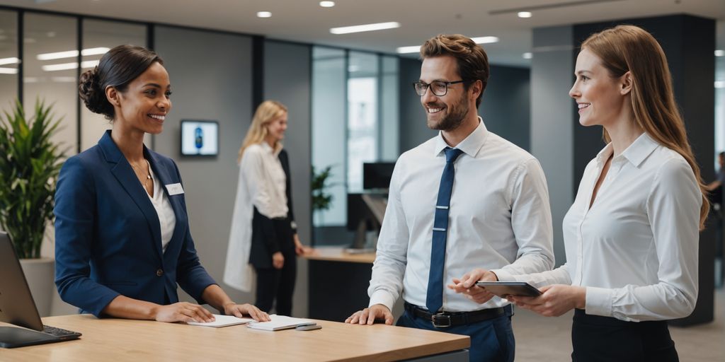 AI and human receptionists in a modern office