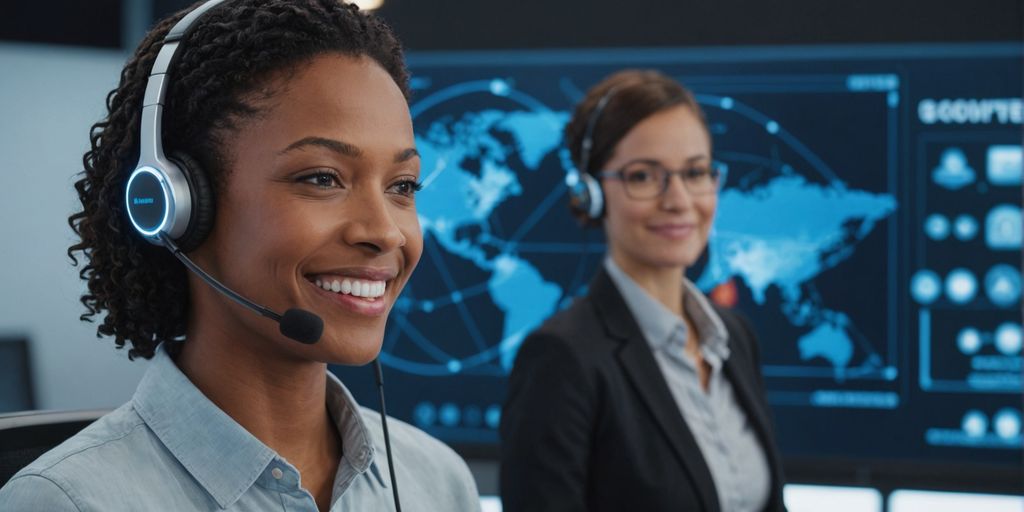 Customer service rep with headset and AI interface.