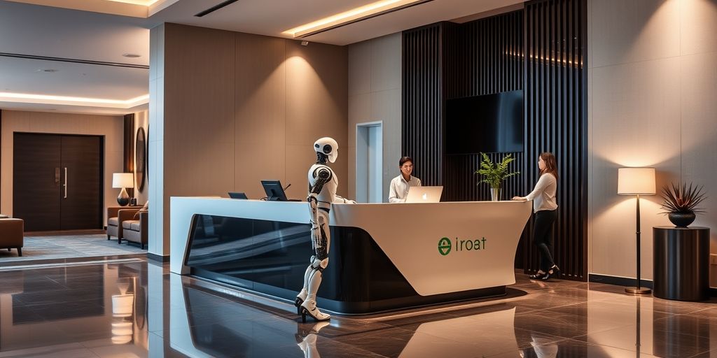 Humanoid robot assisting guests at hotel front desk.