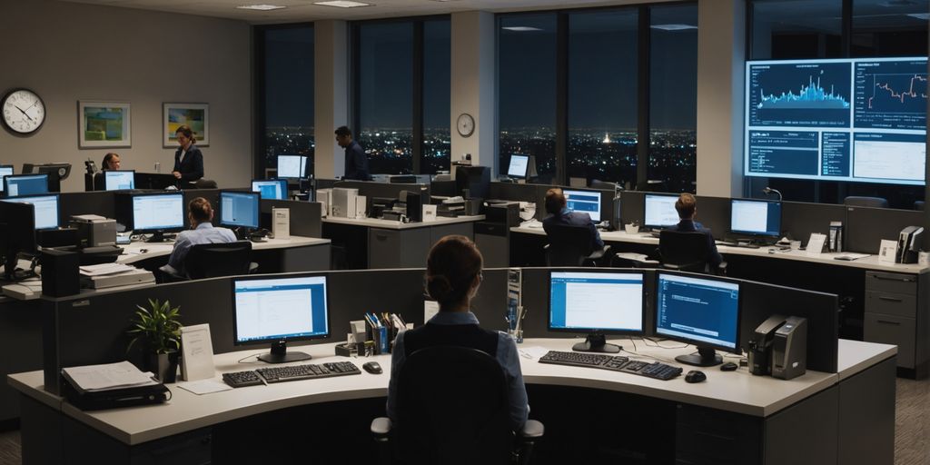 Nighttime office with receptionist and IT professionals working