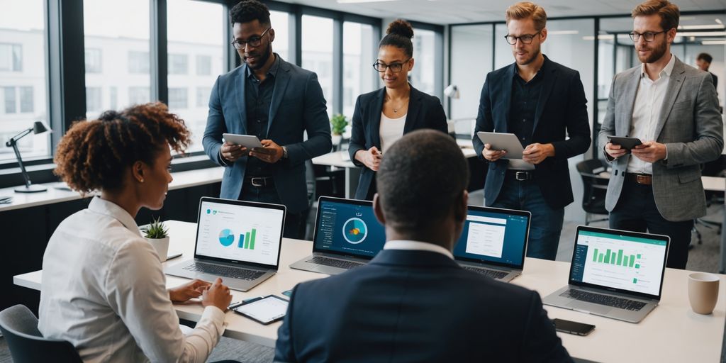 Professionals discussing AI tools in a modern office.