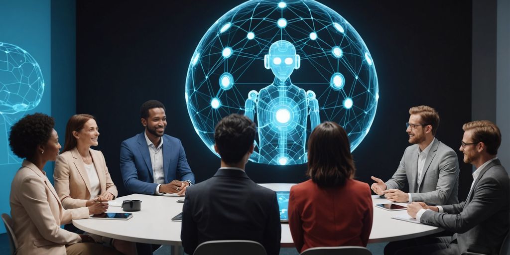 People and AI hologram in lively conversation