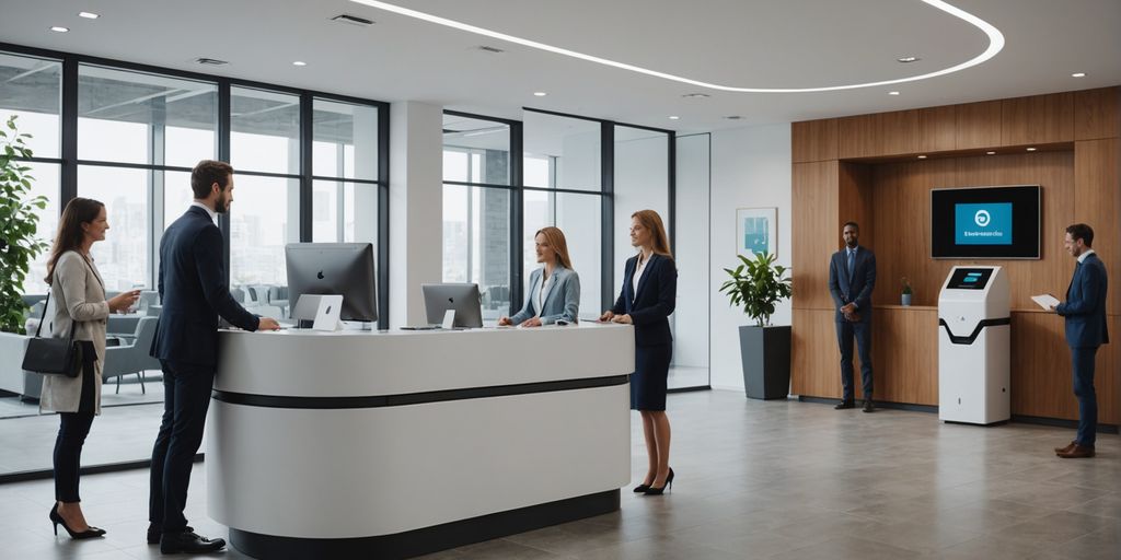 AI and human receptionists in a modern office