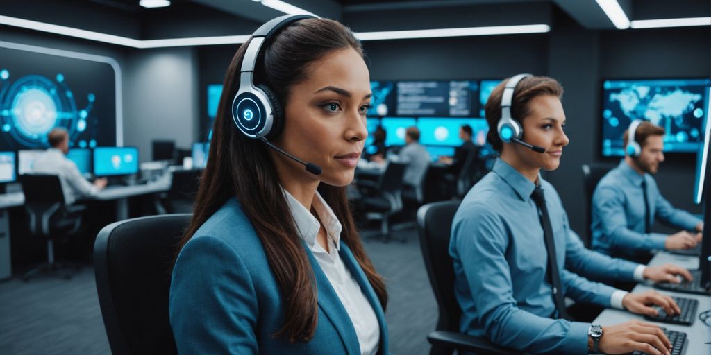 Futuristic AI call center with diverse agents.