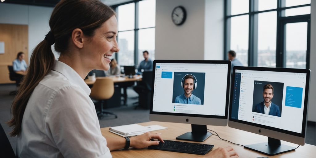 AI chatbot talking to a happy customer in office.