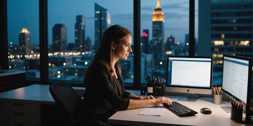 Receptionist working at night in a modern office.