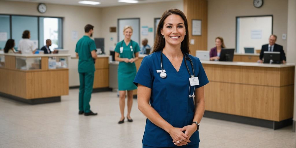 Receptionist at hospital front desk with staff and patients