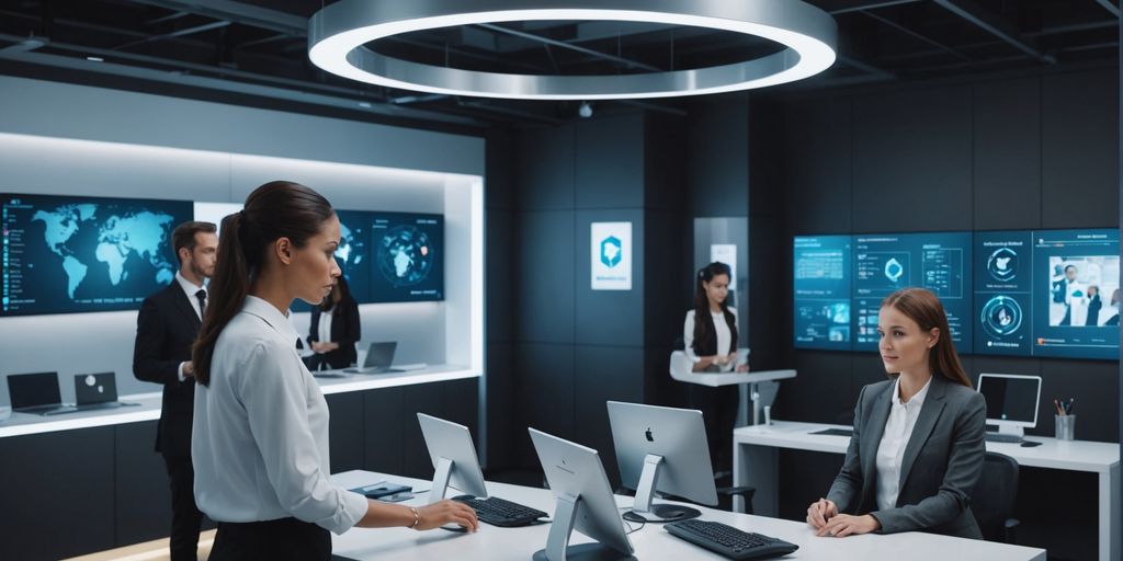 AI receptionists in a futuristic office