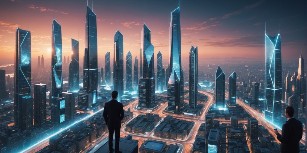 Futuristic city with AI-driven devices and holograms
