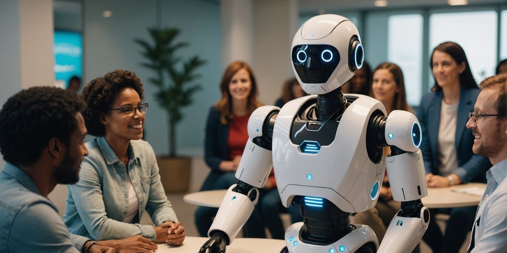 AI robot talking with diverse group