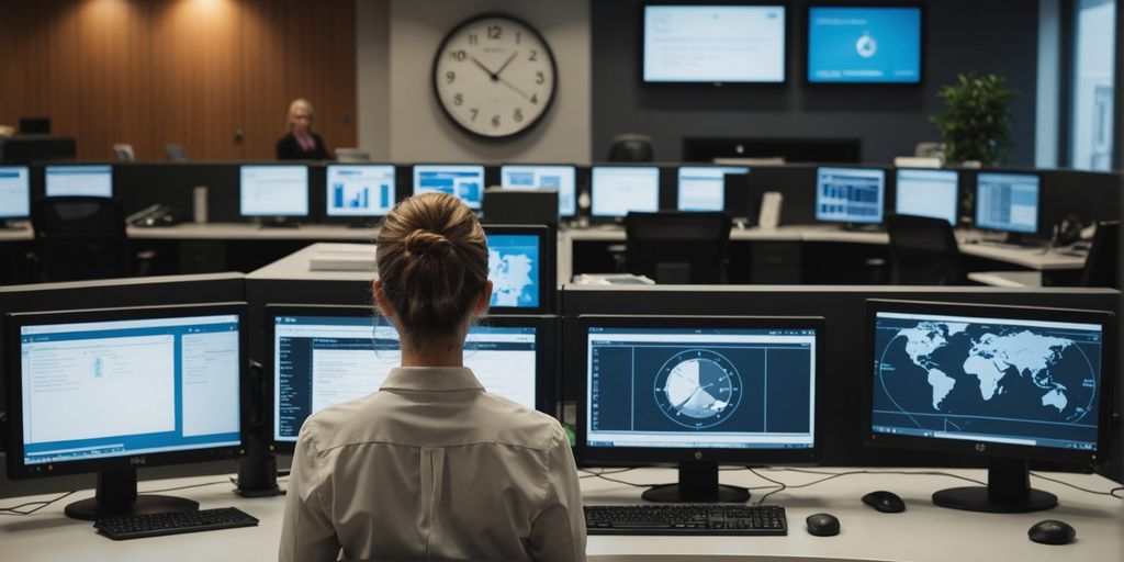 Receptionist working late at a modern office desk.