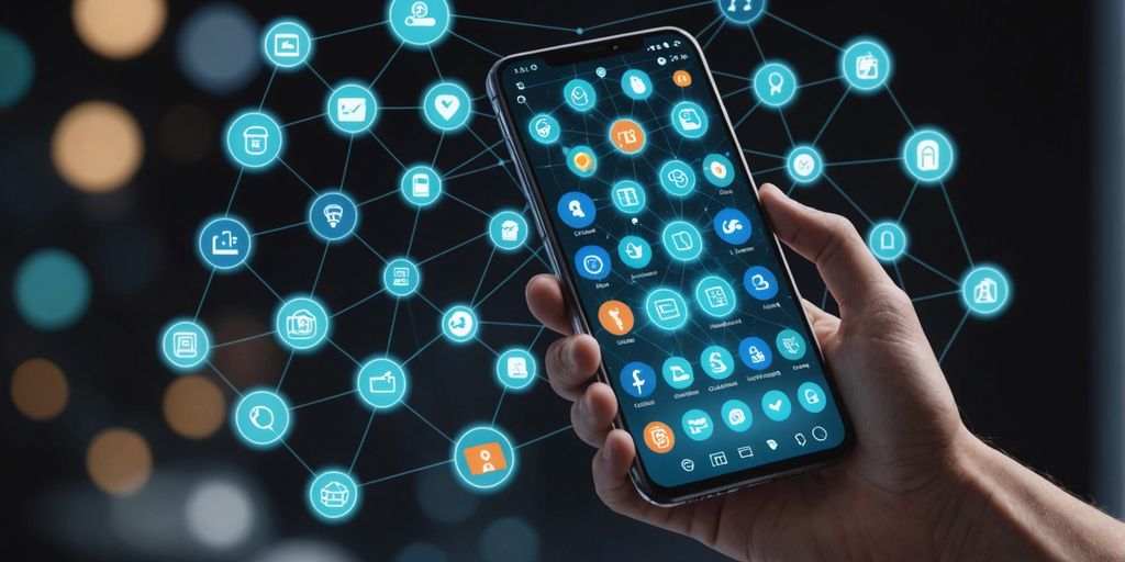 Person with smartphone and holographic data interface