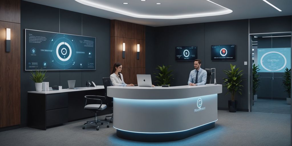 AI receptionist assisting multiple callers in a modern office.