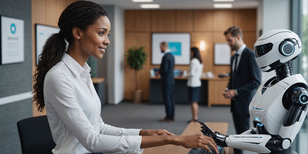 AI robot receptionist in a modern office.