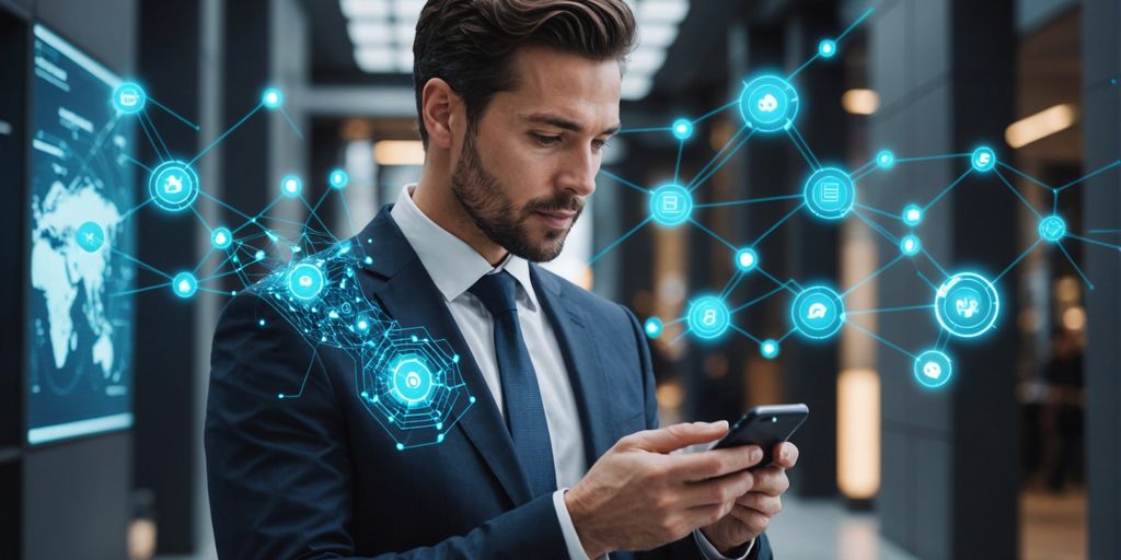 Professional using smartphone with digital data overlays