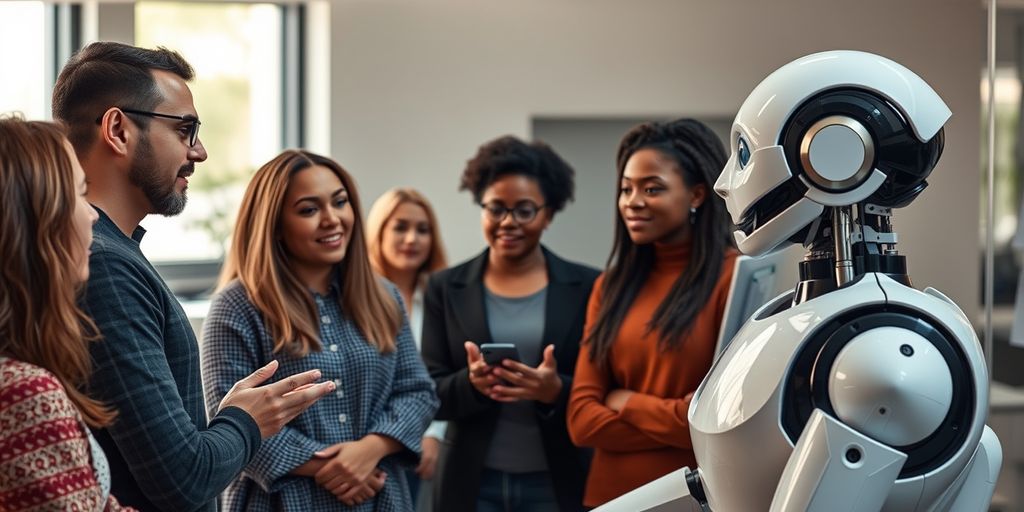 People talking with a humanoid robot in a modern room.