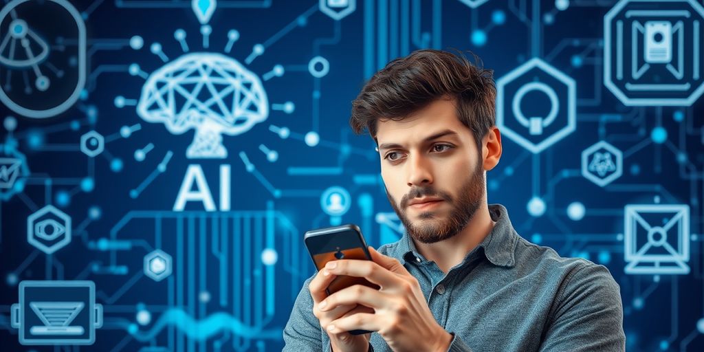 Person with smartphone and AI communication symbols