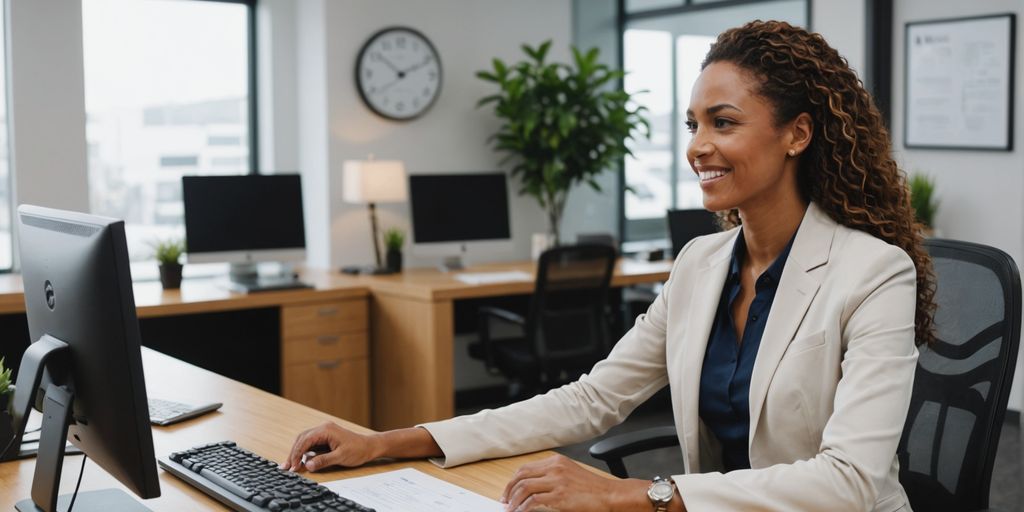 Receptionist assisting client in modern office