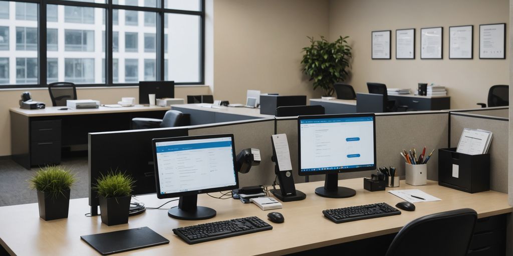 Office with receptionist desk and computer