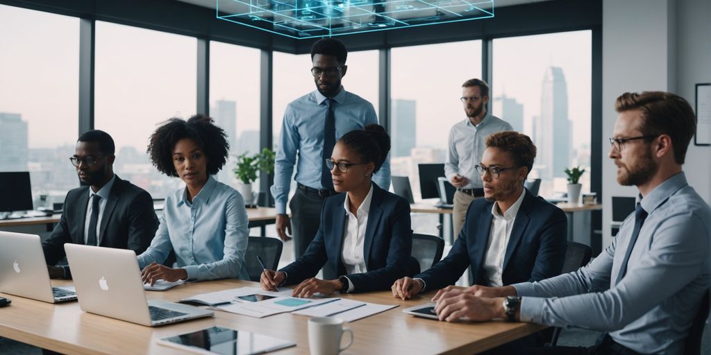 Business team with AI holograms