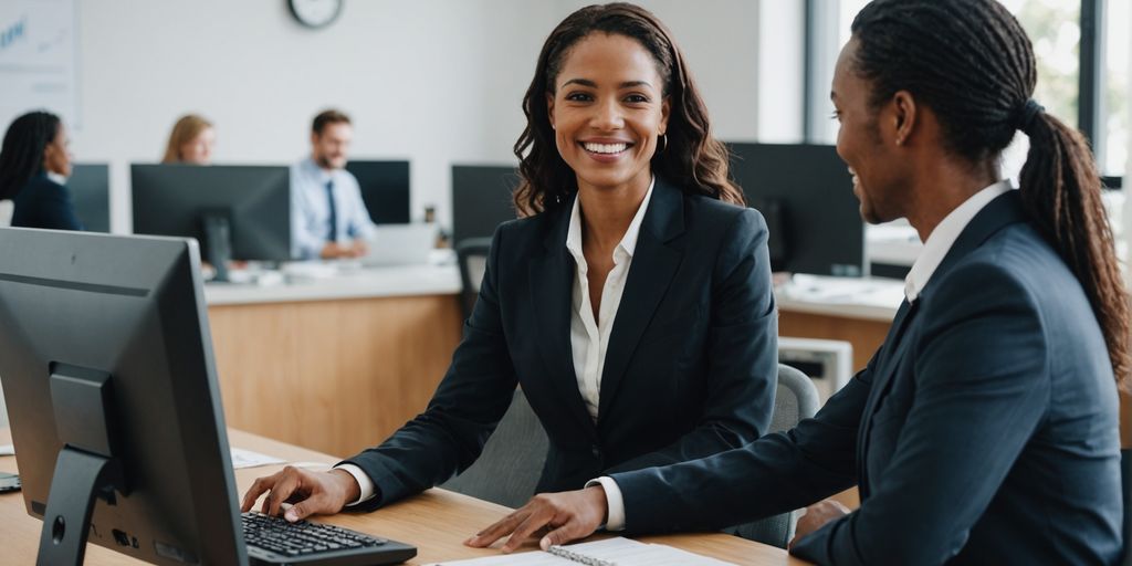 Receptionist at computer with handshake in background