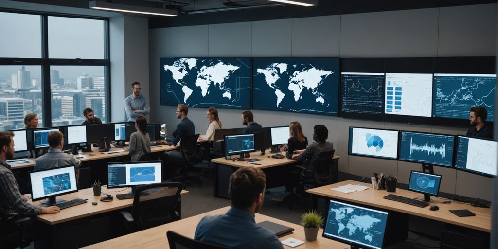 Team working on machine learning in office.