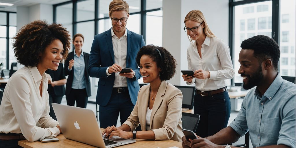 Customer service agents using AI tools in an office.