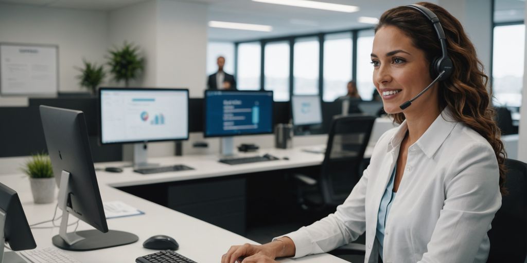 AI receptionist assisting clients in a modern office.