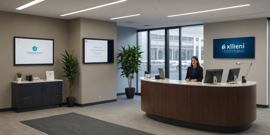 Receptionist assisting visitor in modern office