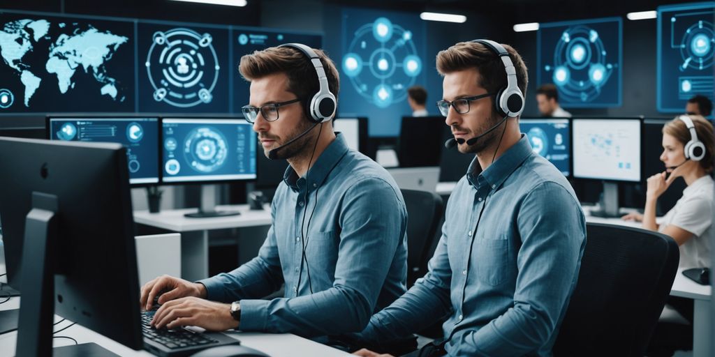 Customer support agents with AI automation overlay.