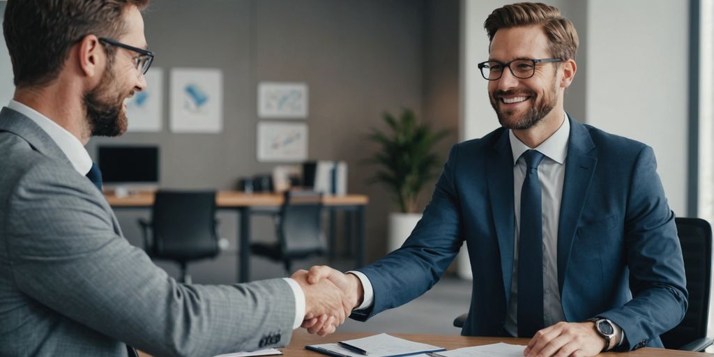 Businessperson shaking hands with client in office