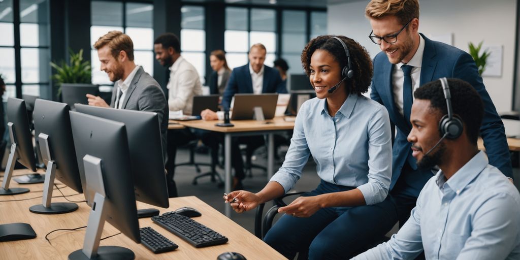 Employees using AI tools in a business setting