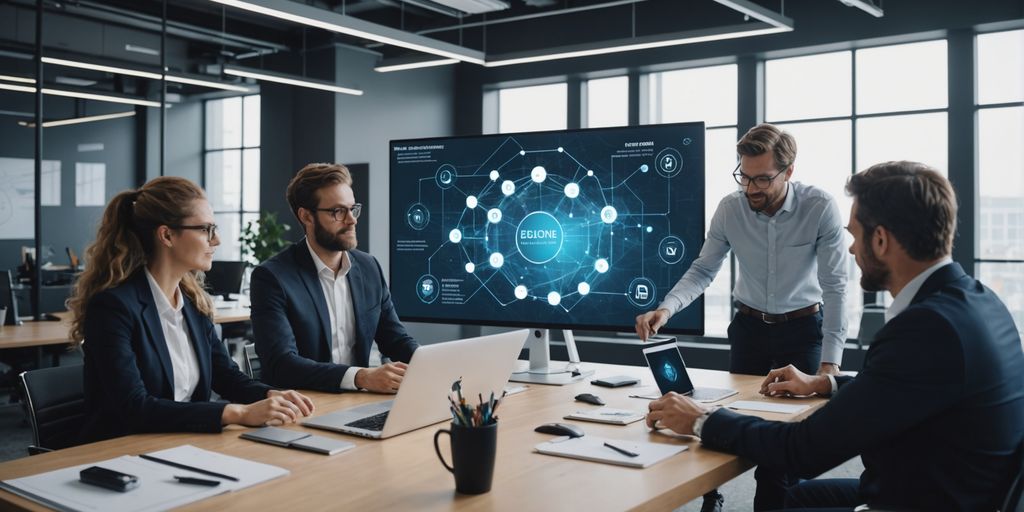 Team collaborating with AI graphics overlay.