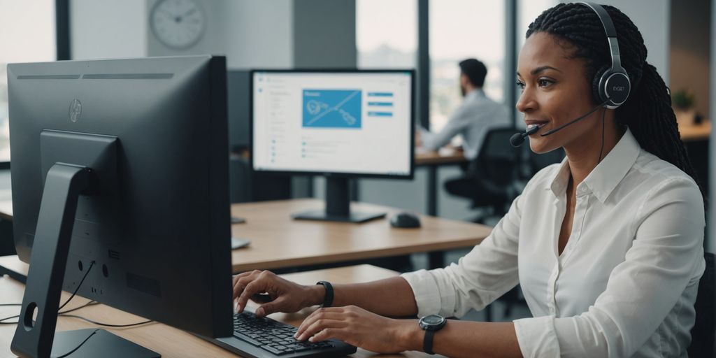 Customer service rep using AI in modern office