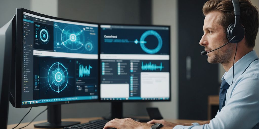 Customer service rep assisting client with AI elements.