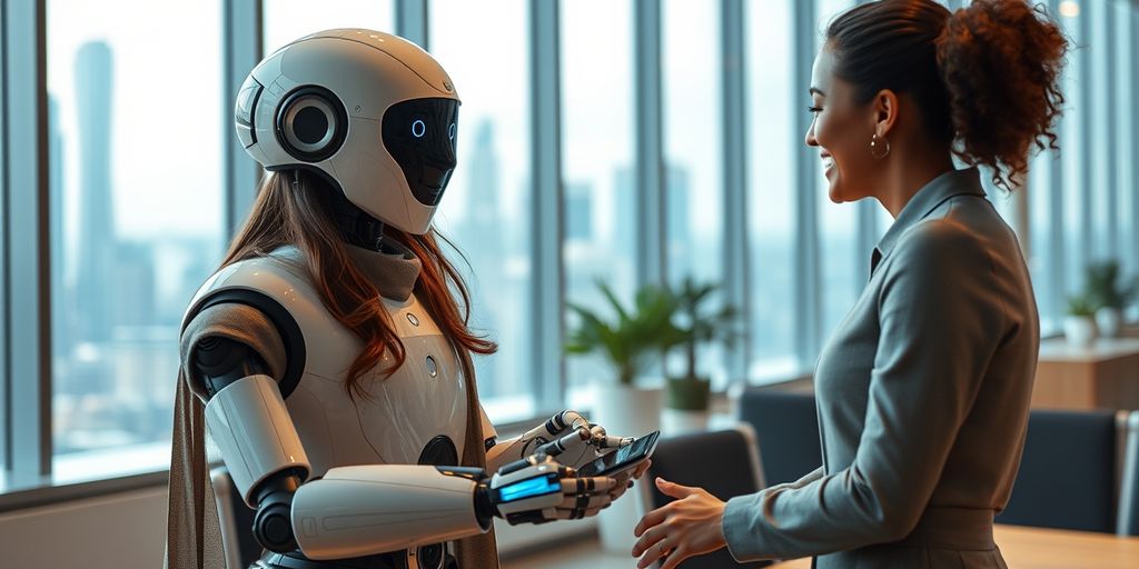 AI robot helping customer in modern office