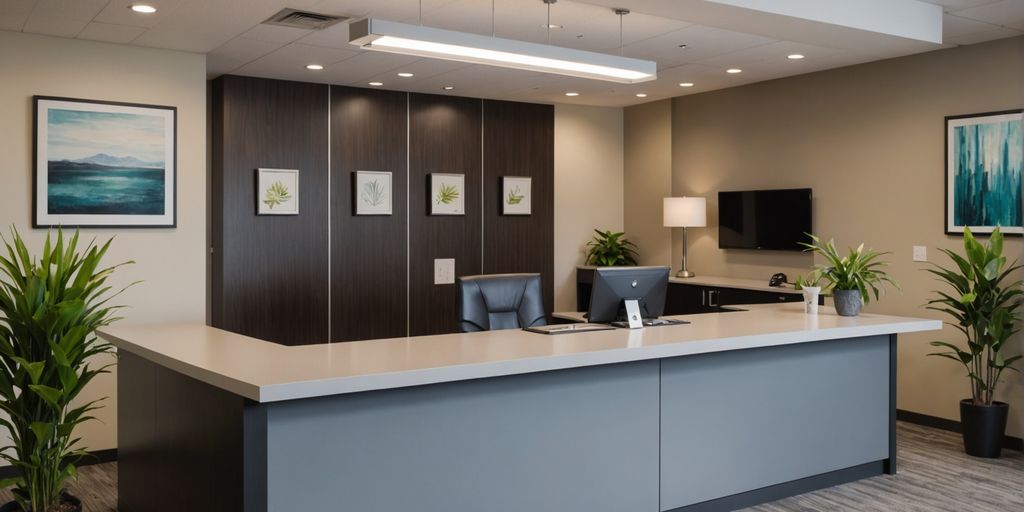 Friendly receptionist in a modern office.