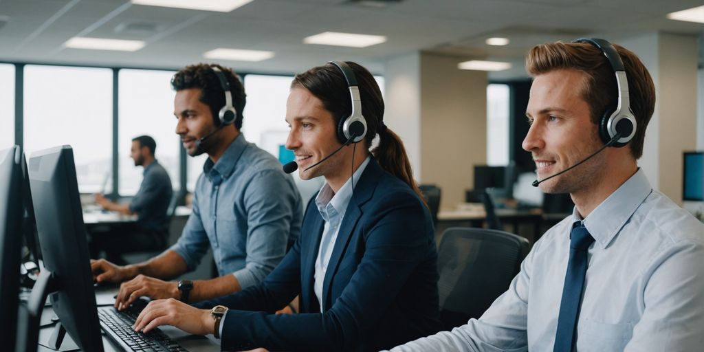 Call center agents using headsets and computers.