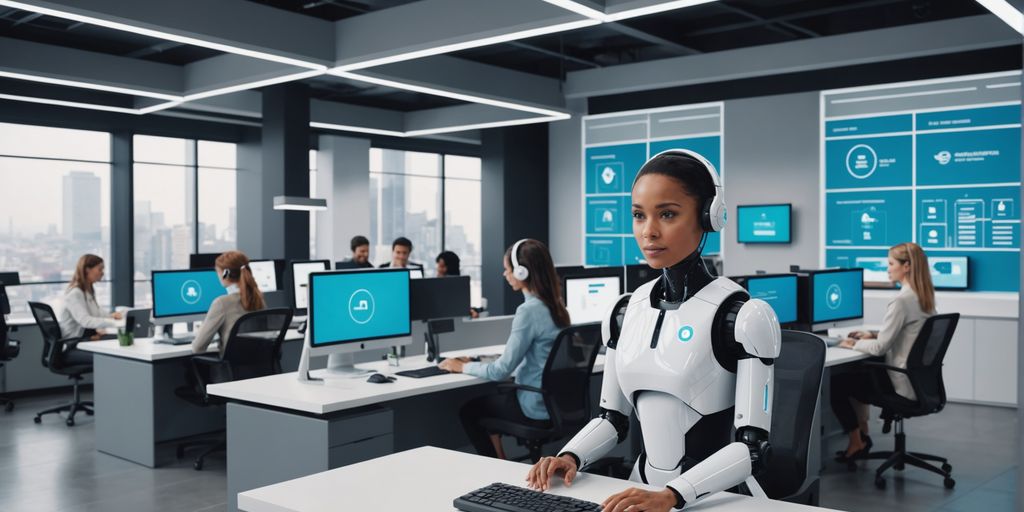 AI robots assisting customers in a modern office.