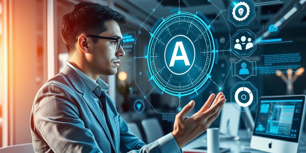 Professional using holographic AI in modern office