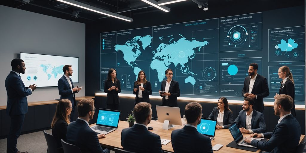 Diverse professionals collaborating in a tech-driven business setting.