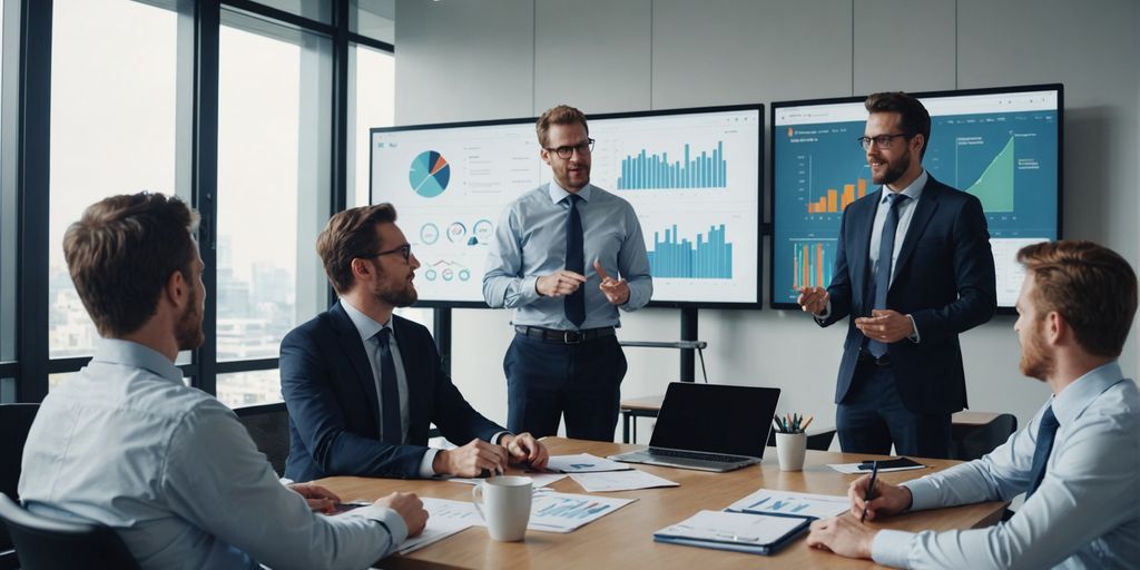 Business professionals discussing charts in a modern office.