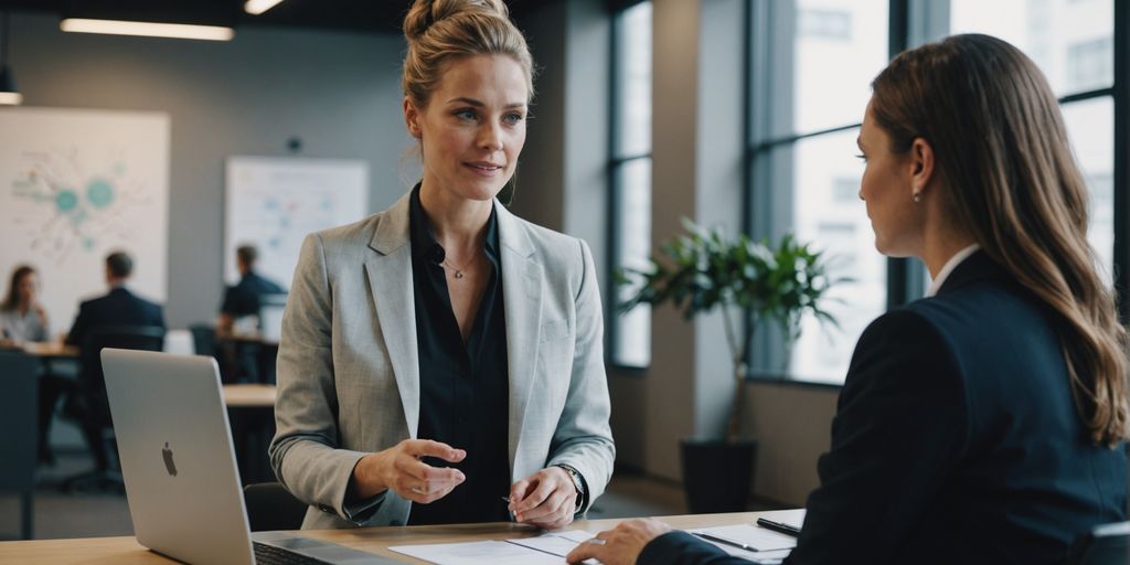 Businessperson discussing AI receptionist solutions with a client.