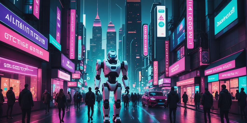 Futuristic city with AI robots and humans.