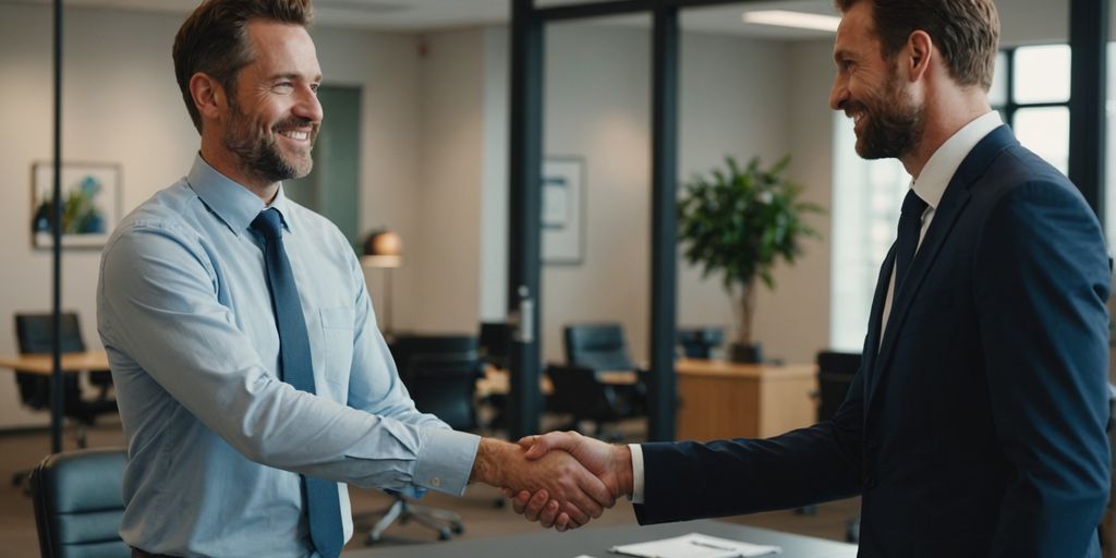Businessperson shaking hands with client in office.