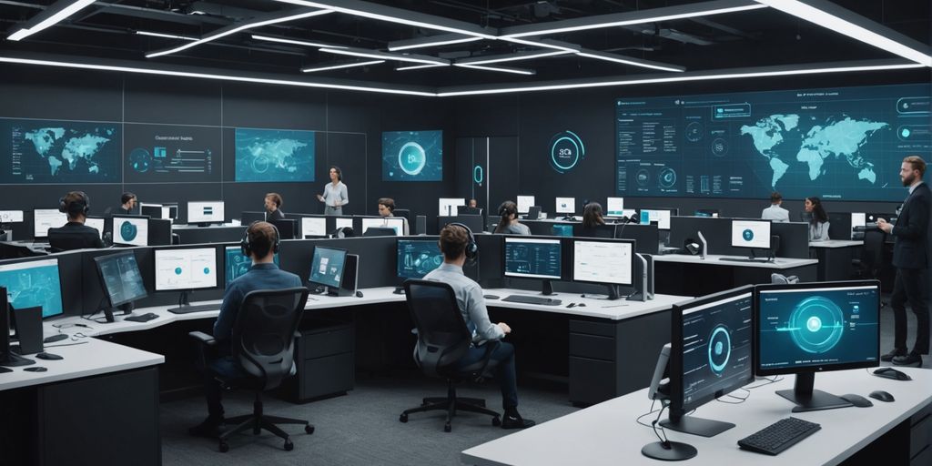 AI-driven futuristic call center with holographic interfaces.