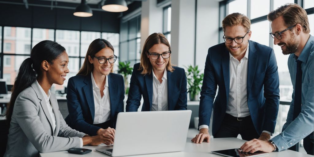 Team discussing AI solutions in office.