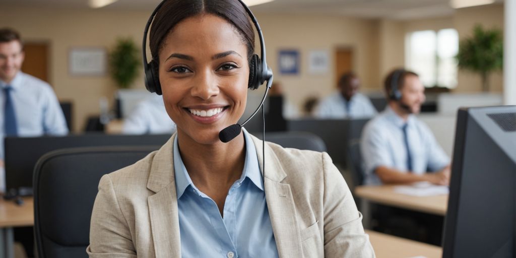 Customer service representative with headset smiling