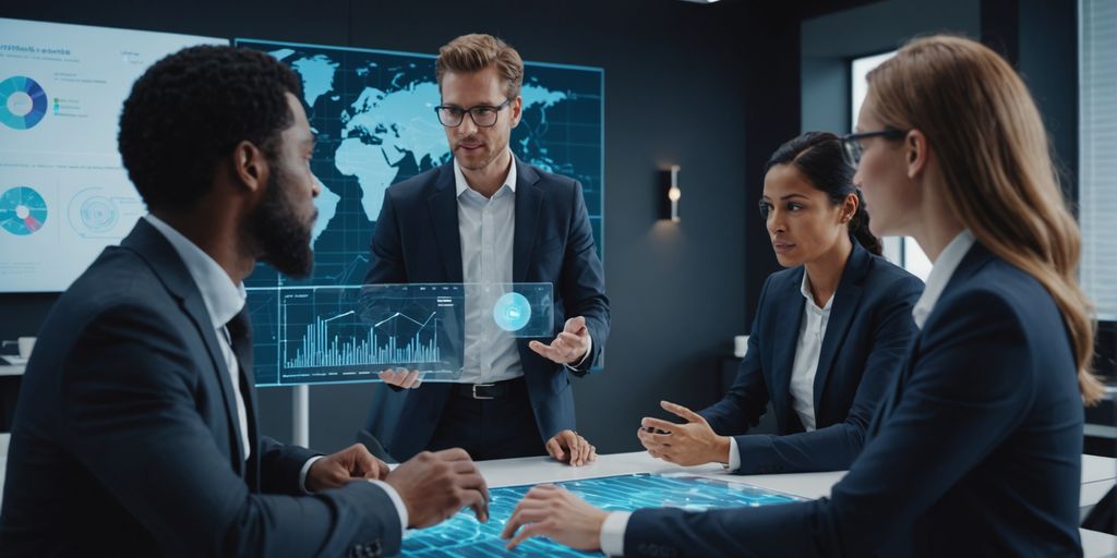 Business professionals with AI holograms and digital charts